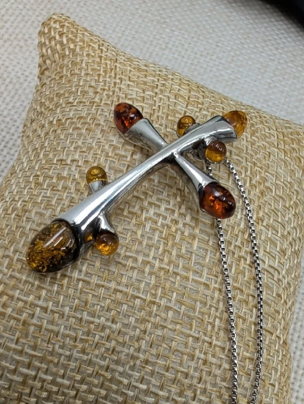 Vintage Baltic Amber Sterling Silver Cross Pendant Necklace 925 Poland 18